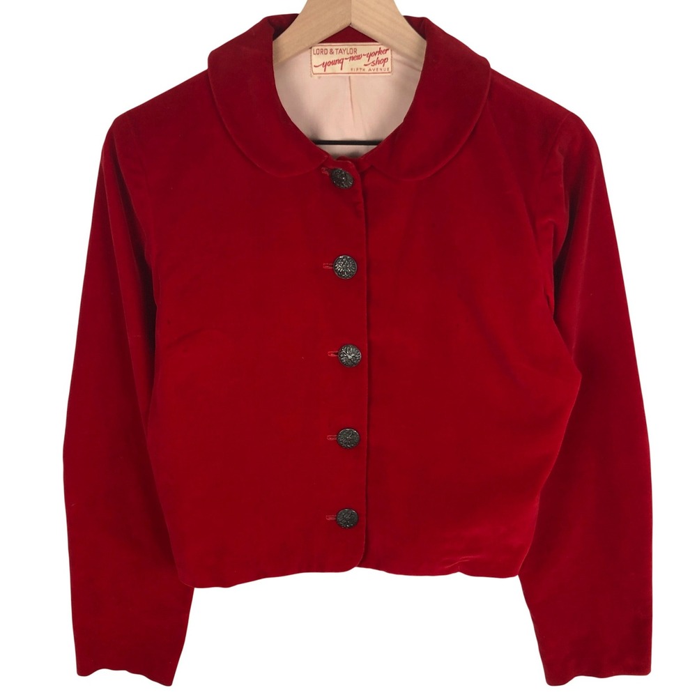 VTG Lord & Taylor Young New Yorker Velvet Cropped Jacket Sz S Red Peter Pan